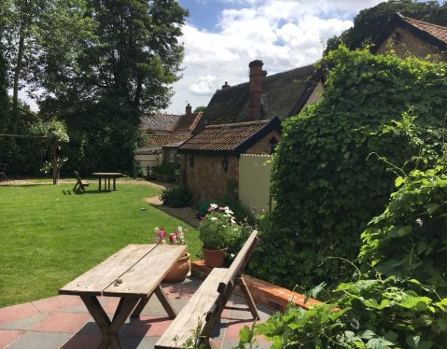 Charming English cottage garden with wooden benches, lush greenery, and picturesque brick buildings under a cloudy sky