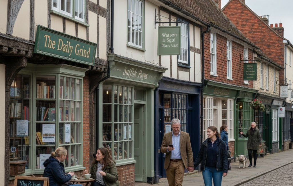 People stroll along a cobblestone street in a quaint small town, surrounded by charming buildings and shops