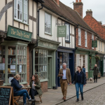 People stroll along a cobblestone street in a quaint small town, surrounded by charming buildings and shops