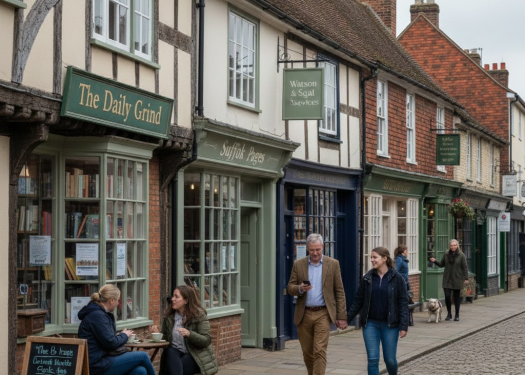 People stroll along a cobblestone street in a quaint small town, surrounded by charming buildings and shops